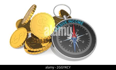 Passive income concept with compass and gold coins, 3D rendering Stock Photo