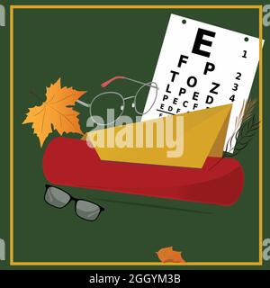 Ophthalmology Autumn Banner template design, eye test concept vector illustration with eyeglasses, Optical Store illustration with copy space Stock Vector
