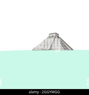 El Castillo or The Kukulkan Temple of Chichen Itza, mayan pyramid in Yucatan, Mexico vector lllustration hand drawn isolated on white background. Stock Vector