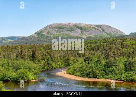 Gros Morne Mountain in Newfoundland, Canada. The mountain is a common hiking trail with a steep rugged incline. Stock Photo