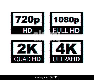 Video dimension labels. Video resolution 720, 1080, 2k, 4k, 8k badges ...