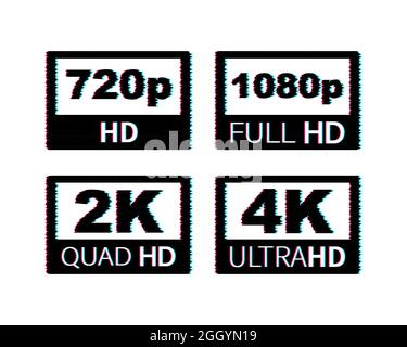 Video dimension labels. Video resolution 720, 1080, 2k, 4k, badges. Glitch icon. Vector stock illustration. Stock Vector