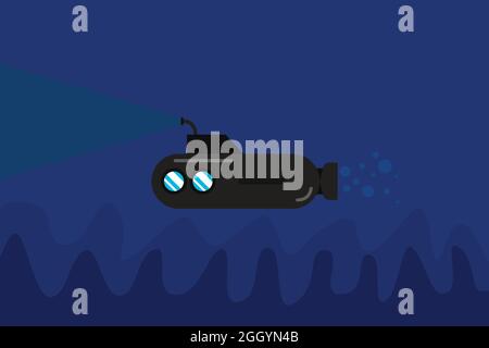 Submarine sailing in the dark with light underneath underwater waves bubbles Stock Vector