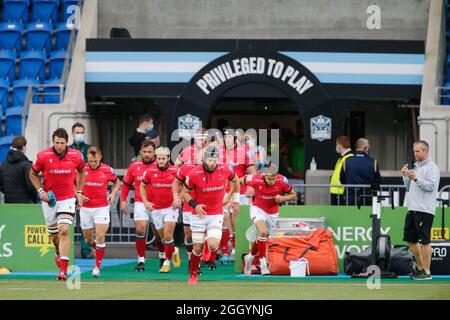 Glasgow, UK. 03 September 2021.Will Welch of Newcastle Falcons leads out his team for the Pre-season Friendly match between Glasgow Warriors and Newcastle Falcons at the Scotstoun Stadium, Glasgow on Friday 3rd September 2021. (Credit: Chris Lishman | MI News) Credit: MI News & Sport /Alamy Live News Stock Photo