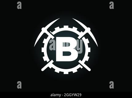 Initial B monogram letter alphabet with pickaxe and gear sign. Mining logo design concept. Modern vector logo for mining business and company identity Stock Vector