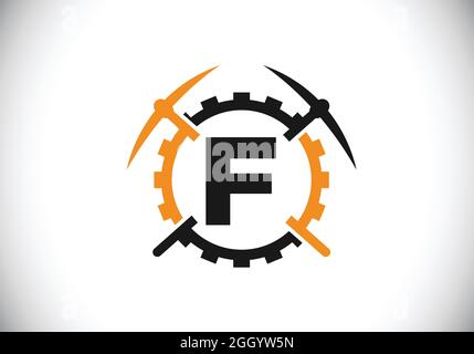 Initial F monogram letter alphabet with pickaxe and gear sign. Mining logo design concept. Modern vector logo for mining business and company identity Stock Vector