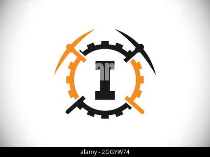 Initial I monogram letter alphabet with pickaxe and gear sign. Mining logo design concept. Modern vector logo for mining business and company identity Stock Vector