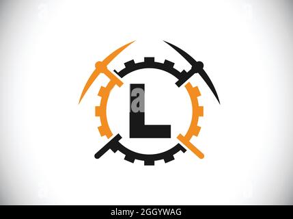 Initial L monogram letter alphabet with pickaxe and gear sign. Mining logo design concept. Modern vector logo for mining business and company identity Stock Vector