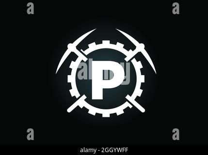 Initial P monogram letter alphabet with pickaxe and gear sign. Mining logo design concept. Modern vector logo for mining business and company identity Stock Vector