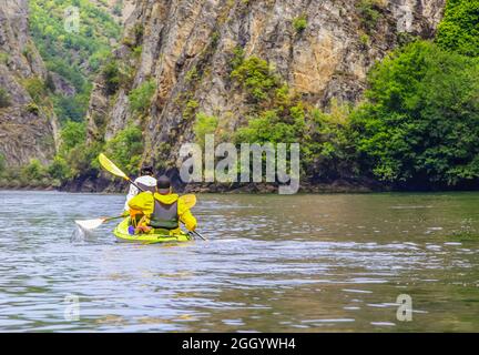 process of kayaking in the Matka Canyon, Makedonia Stock Photo