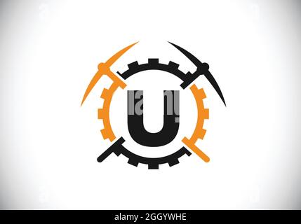 Initial U monogram letter alphabet with pickaxe and gear sign. Mining logo design concept. Modern vector logo for mining business and company identity Stock Vector