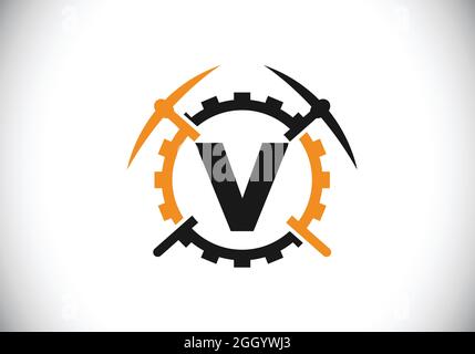 Initial V monogram letter alphabet with pickaxe and gear sign. Mining logo design concept. Modern vector logo for mining business and company identity Stock Vector