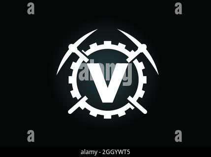 Initial V monogram letter alphabet with pickaxe and gear sign. Mining logo design concept. Modern vector logo for mining business and company identity Stock Vector