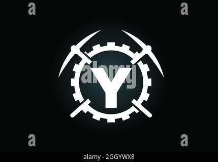 Initial Y monogram letter alphabet with pickaxe and gear sign. Mining logo design concept. Modern vector logo for mining business and company identity Stock Vector