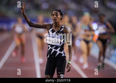 Brussels, Belgium. 3rd Sep, 2021. Sifan Hassan of the Netherlands reacts after the women's mile final at the World Athletics Wanda Diamond League in Brussels, Belgium, Sept. 3, 2021. Credit: Zheng Huansong/Xinhua/Alamy Live News Stock Photo