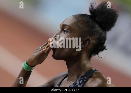 Brussels, Belgium. 3rd Sep, 2021. Natoya Goule of Jamaica reacts after winning the women's 800m final at the World Athletics Wanda Diamond League in Brussels, Belgium, Sept. 3, 2021. Credit: Zheng Huansong/Xinhua/Alamy Live News Stock Photo