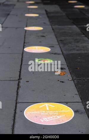Melbourne, Australia, 4 September, 2021. Stickers for COVID-19 Vaccinations outside the Town Hall on a Saturday that Victorians work towards an 80% vaccine target under a continuing 6th COVID lockdown in Melbourne. Credit: Michael Currie/Speed Media/Alamy Live News Stock Photo