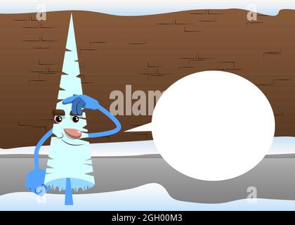 Cartoon winter pine trees with faces confused. Cute forest trees. Snow on pine cartoon character, funny holiday vector illustration. Stock Vector