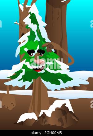 Cartoon winter pine trees with faces confused. Cute forest trees. Snow on pine cartoon character, funny holiday vector illustration. Stock Vector