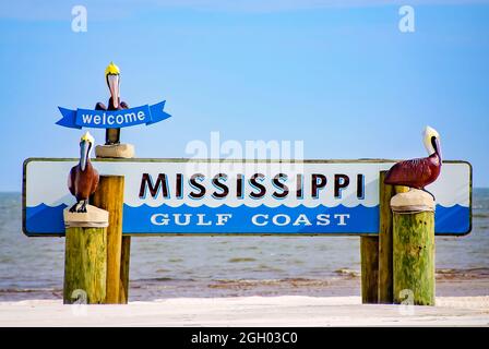 The Mississippi Gulf Coast welcome sign features brown pelicans, Aug. 31, 2021, in Gulfport, Mississippi. Stock Photo