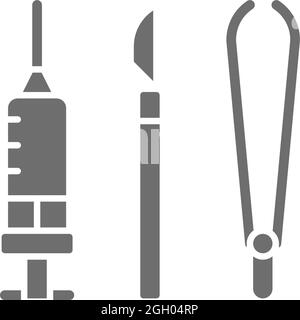 Vector instruments for surgery, medical scalpel, tweezers, clamp and syringe grey icon. Symbol and sign illustration design. Isolated on white backgro Stock Vector