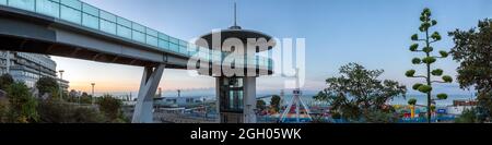 SOUTHEND-ON-SEA, ESSEX, UK - AUGUST 29, 2021:  Panorama view view of observation tower and Southend Pier in early morning light Stock Photo