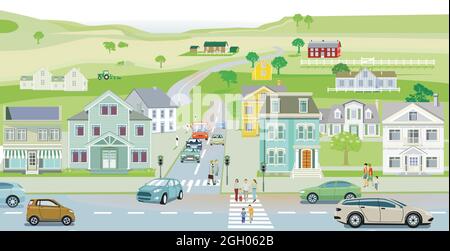 Suburb with houses and traffic, pedestrians in the village, illustration Stock Vector