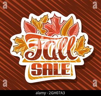 Vector logo for Fall Sale, decorative cut paper sign board with illustration of dry yellow maple leaves and red forest plants, advertising concept wit Stock Vector