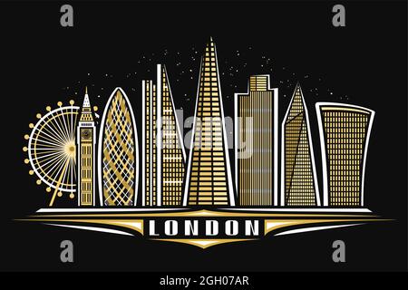 Vector illustration of London, black horizontal poster with linear design illuminated london city scape, european urban line art concept with decorati Stock Vector