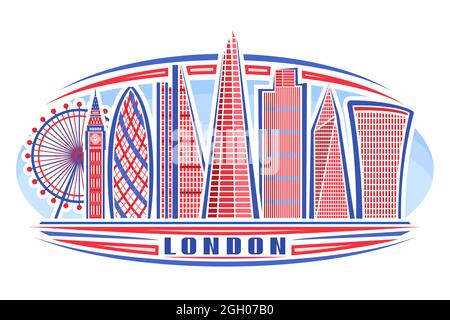 Vector illustration of London, horizontal poster with linear design famous london city scape on day sky background, european urban line art concept wi Stock Vector