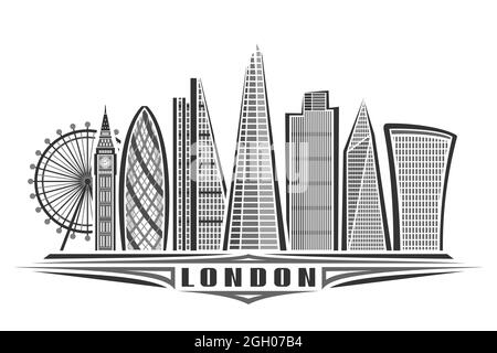 Vector illustration of London, monochrome horizontal poster with linear design famous london city scape, urban line art concept with unique decorative Stock Vector