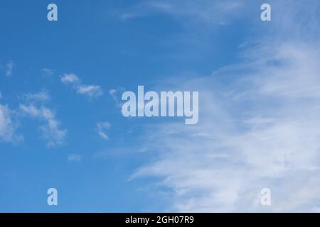 Beautiful cirrus clouds in the blue morning sky. Background of blue sky and white cirrus clouds in summer for your photos, mockup for design. Stock Photo