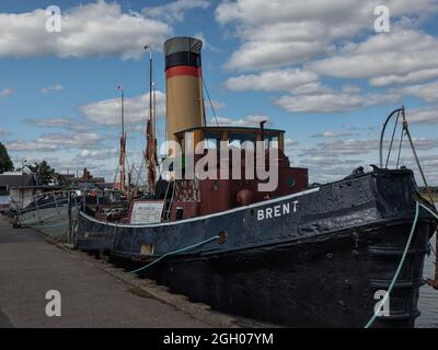 MALDON, ESSEX, UK - AUGUST 25, 2021:  The steam tug ' Brent' undergoing restoration at on Hythe Quay Stock Photo