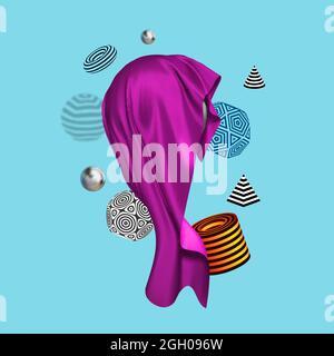 Banner for decorative design with abstract composition of 3d figures with stripped pattern. Purple silk on sphere on abstract blue color background Stock Vector