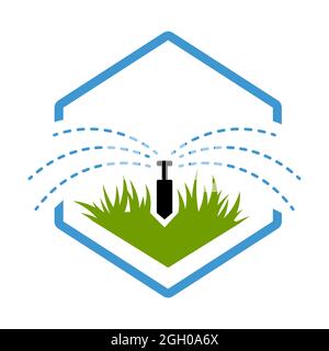 irrigation system parts and drip watering sprinkler irrigation system in a drop Landscape vector design and illustration Stock Vector