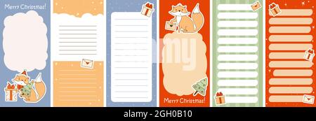 Set of weekly or daily planner, note paper, to do list, Merry Christmas stickers templates decorated by winter cute fox With gifts and Christmas tree Stock Vector