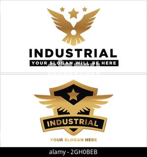 Industrial shield badge wings logo design Stock Vector