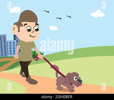 Dog owner man walking his best friend in public park on beautiful summer day with birds in sky. Stock Vector