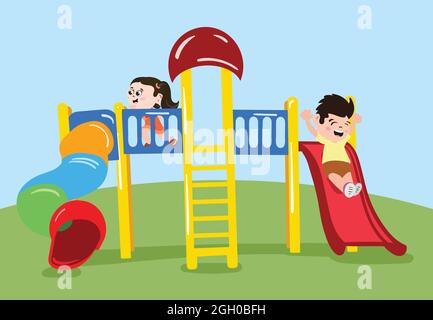Swings for kids to play in public park. Outdoor activity for small children. Stock Vector