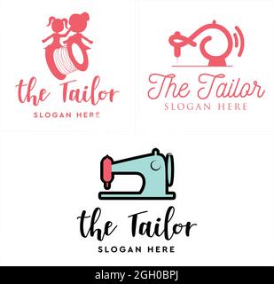 Tailor girl sewing machine logo design Stock Vector