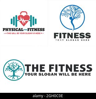 Physical fitness barbell and human figure tree logo design Stock Vector