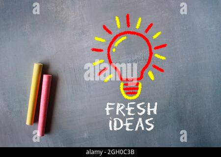 Chalkboard drawing image of lightbulb with text FRESH IDEAS Stock Photo