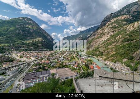 Aerial view of Bard and Hone divided by the Dora Baltea river, Aosta Valley, Italy Stock Photo