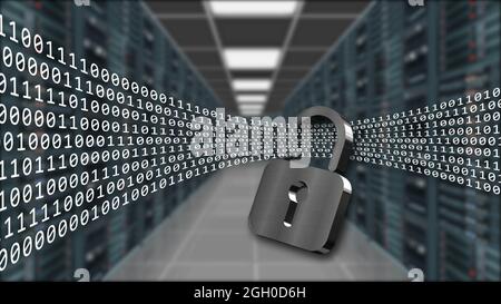 Digital data stream flows through closed padlock - series of binary code on blurred data server room background - internet security and data protect Stock Photo