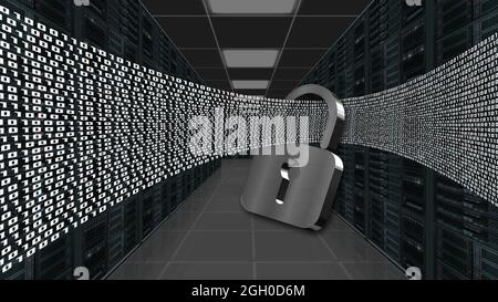 Digital data stream flows through closed padlock - series of binary code on data server room background - internet security and data protection Stock Photo