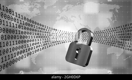 Digital data stream flows through closed padlock - series of binary code on world map background - internet security and data protection concept Stock Photo