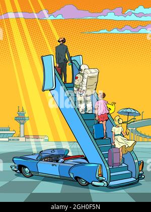 Tourists stand on the ladder to the plane. Lockdown and flight bans. Waiting for a vacation and travel Stock Vector