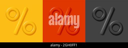 Set of 3d icon of percent symbol, rounded symbol mono chrome colors, red yellow and black, modern render style Stock Vector