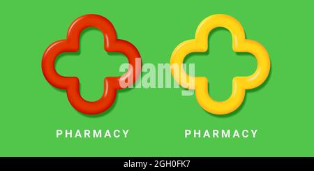 Pharmacy 3d symbol, rounded cross in yellow and red colors, logo sign design Stock Vector