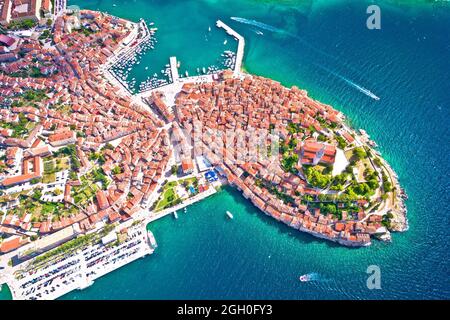 Rovinj. Historic Adriatic town of Rovinj aerial view. Rooftops of famous tourist destination in Istria region of Croatia Stock Photo